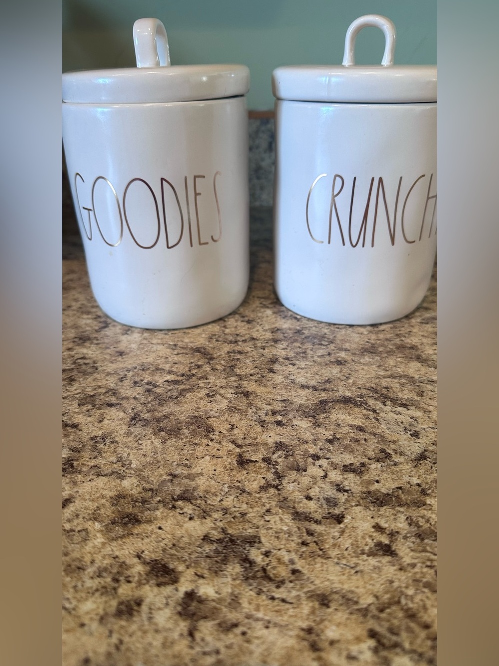 Rae Dunn- Set of 2 White and Gold Ceramic Canisters - "Goodies" & "Crunchy”